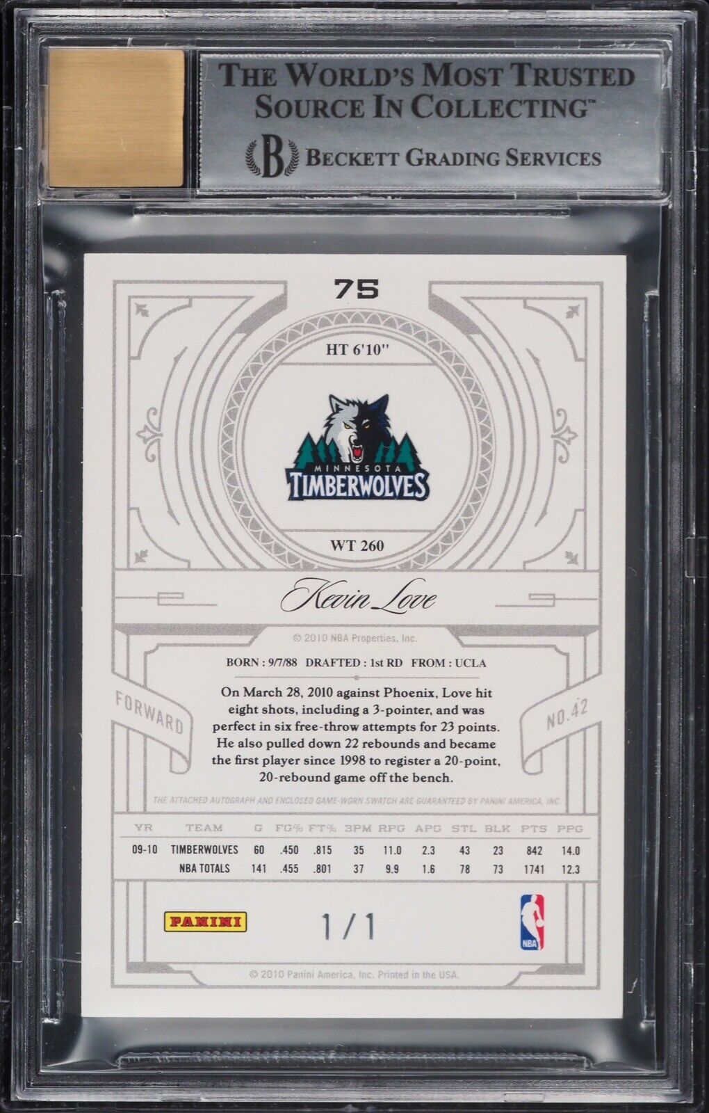 2009 National Treasures Century Nba Tags Kevin Love Patch Auto 11 75 Bgs 9 1