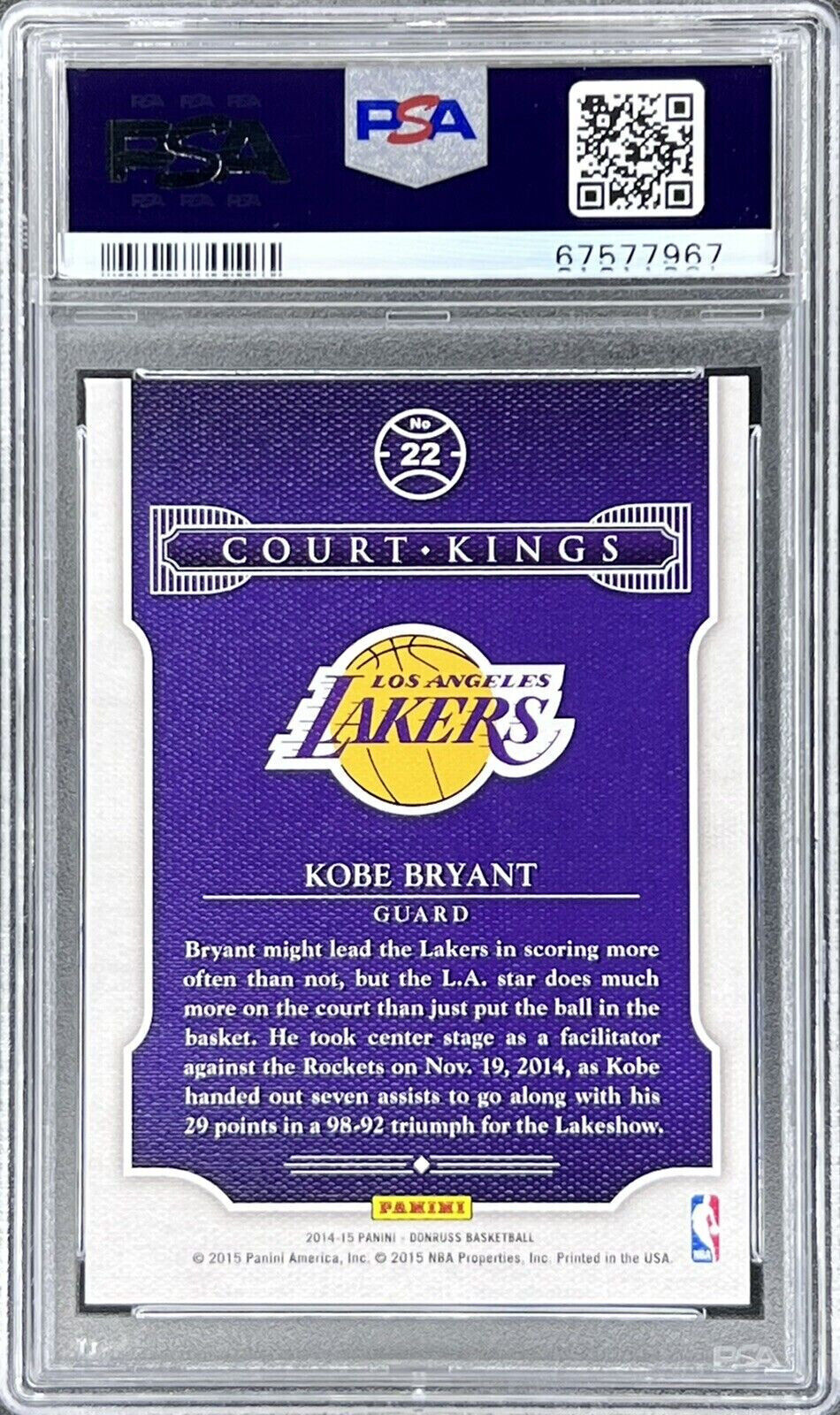 Gem Mint 10 Kobe Bryant 22 Lakers Court Kings 2014 15 Donruss Insert Cards Psa 1